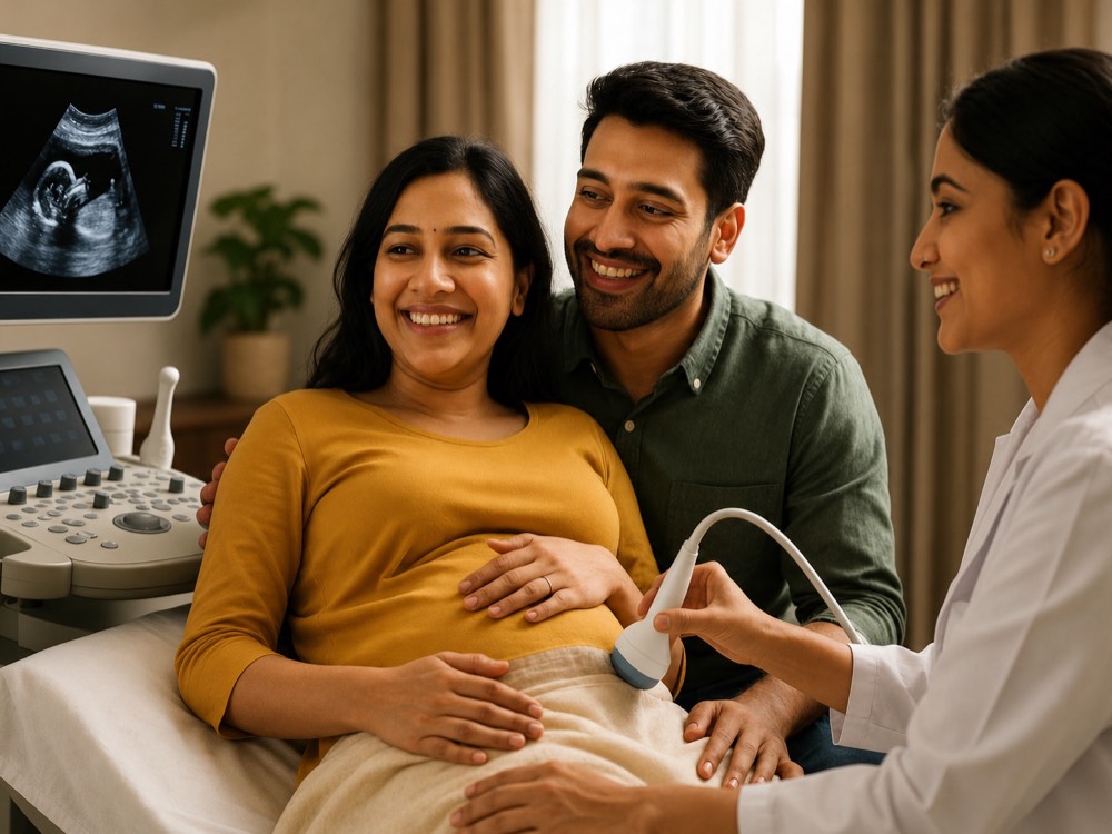A couple with a doctor during an ultrasound scan