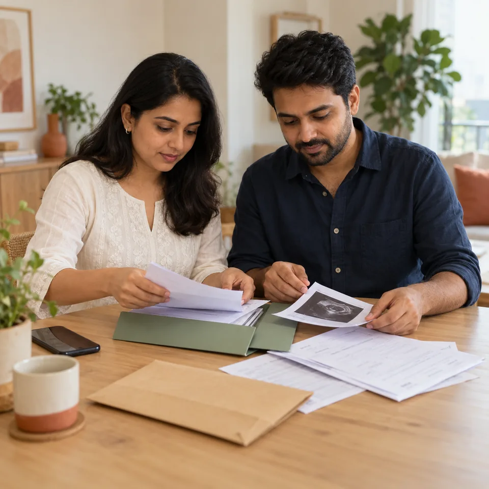 A couple at a table sorting through their medical reports and an ultrasound scan from a folder