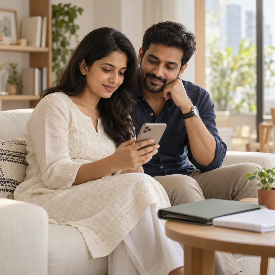 A couple on a sofa reading a message on a phone together