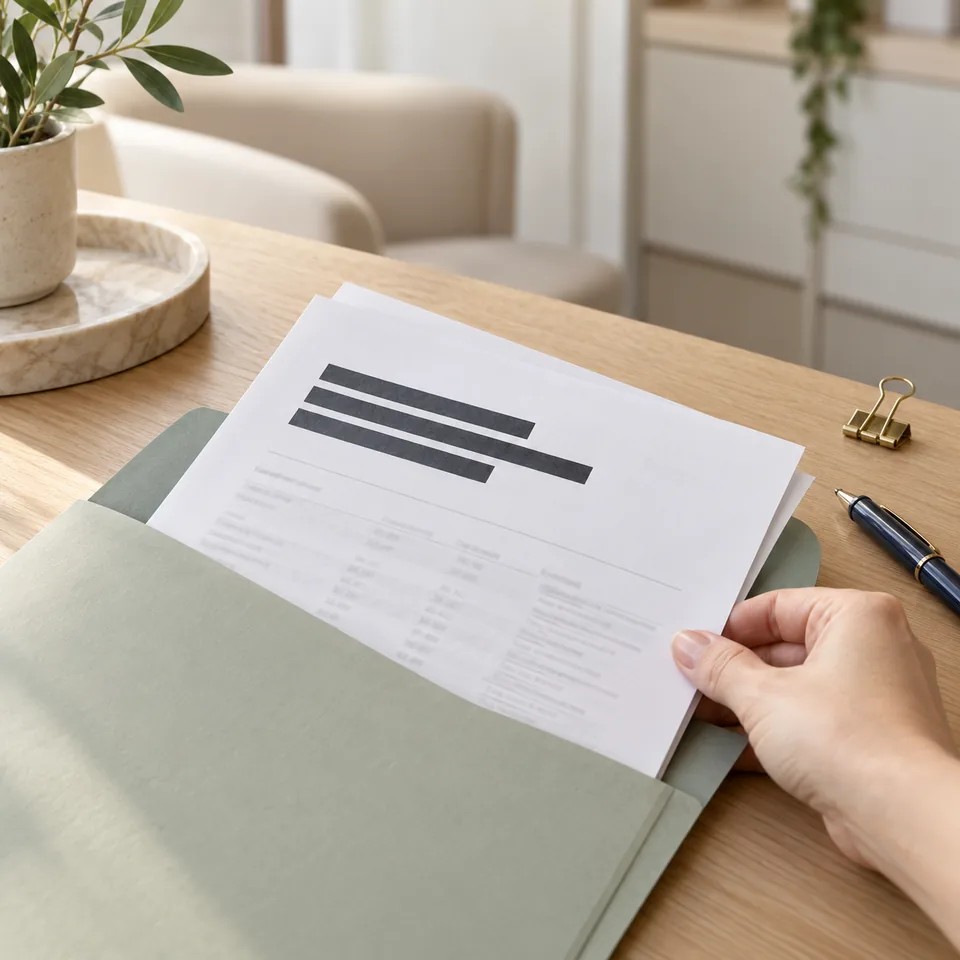 A hand sliding a medical report into a folder, with the personal details at the top blacked out