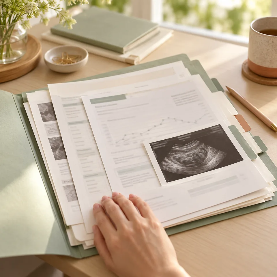 An open folder of fertility reports, hormone charts and an ultrasound scan laid out together on a desk